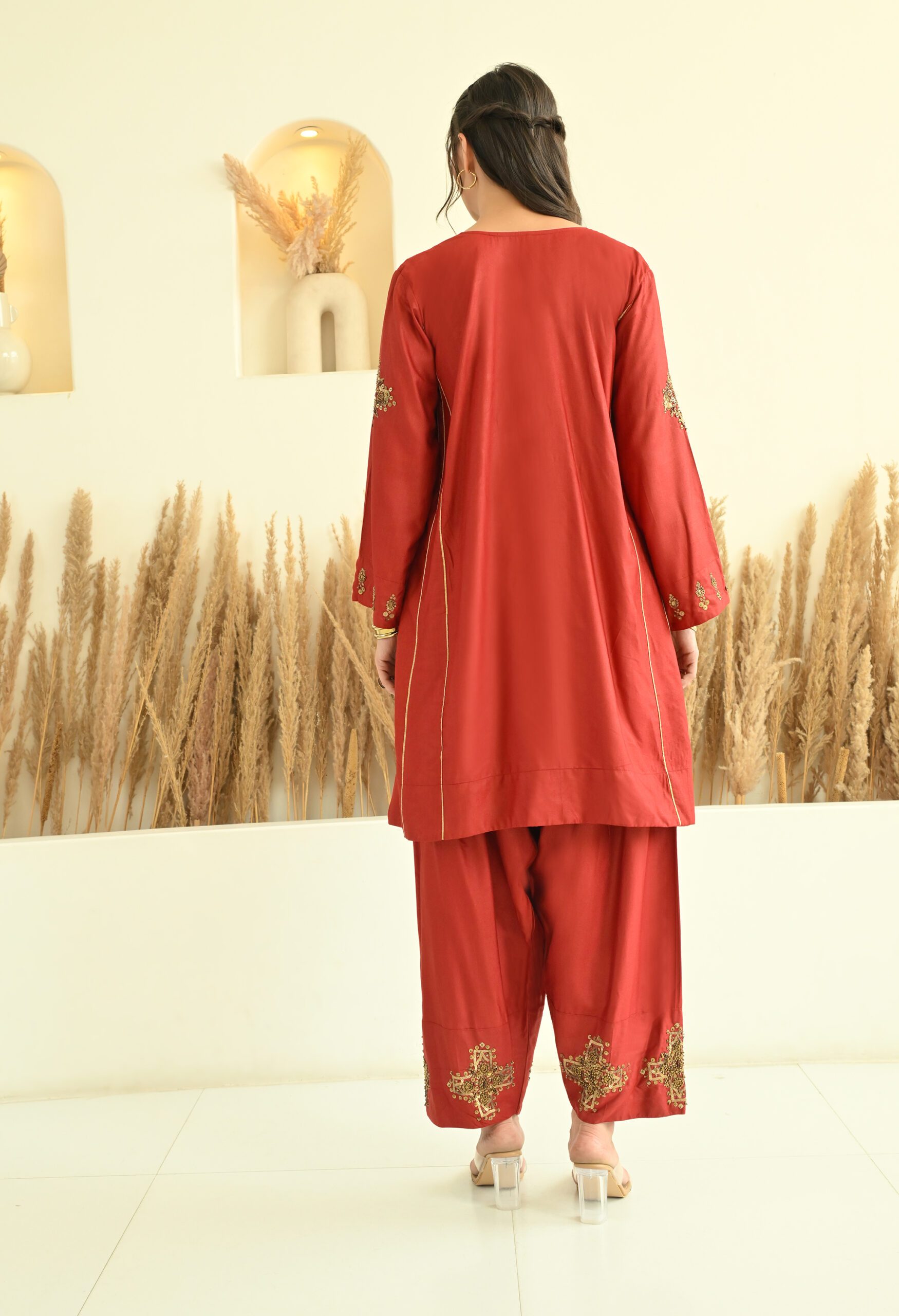Hand Embroidered Maroon Choga Set in Cotton Silk - Image 2