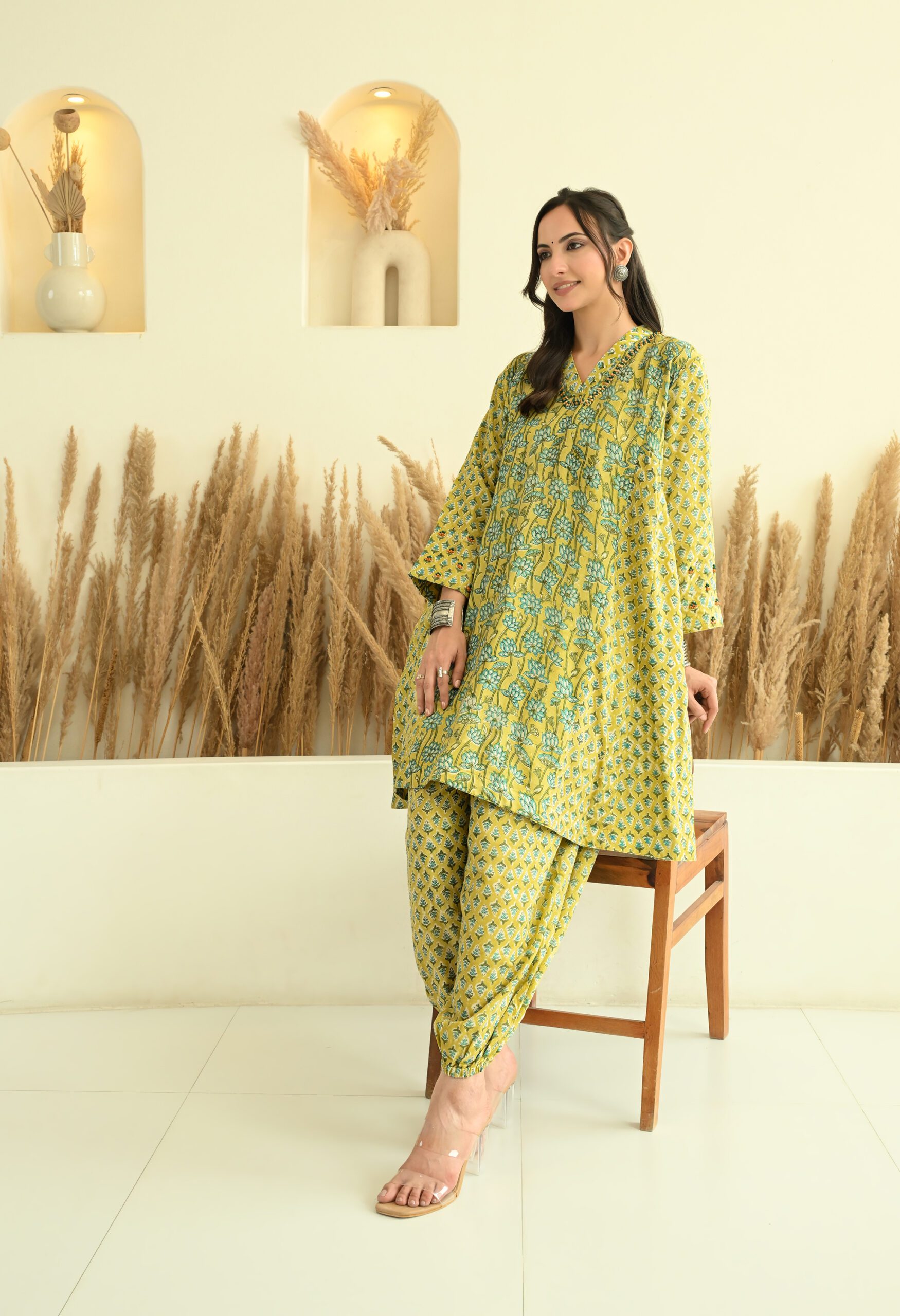 Hand Embroidered Green Choga Set in Block Printed Chanderi