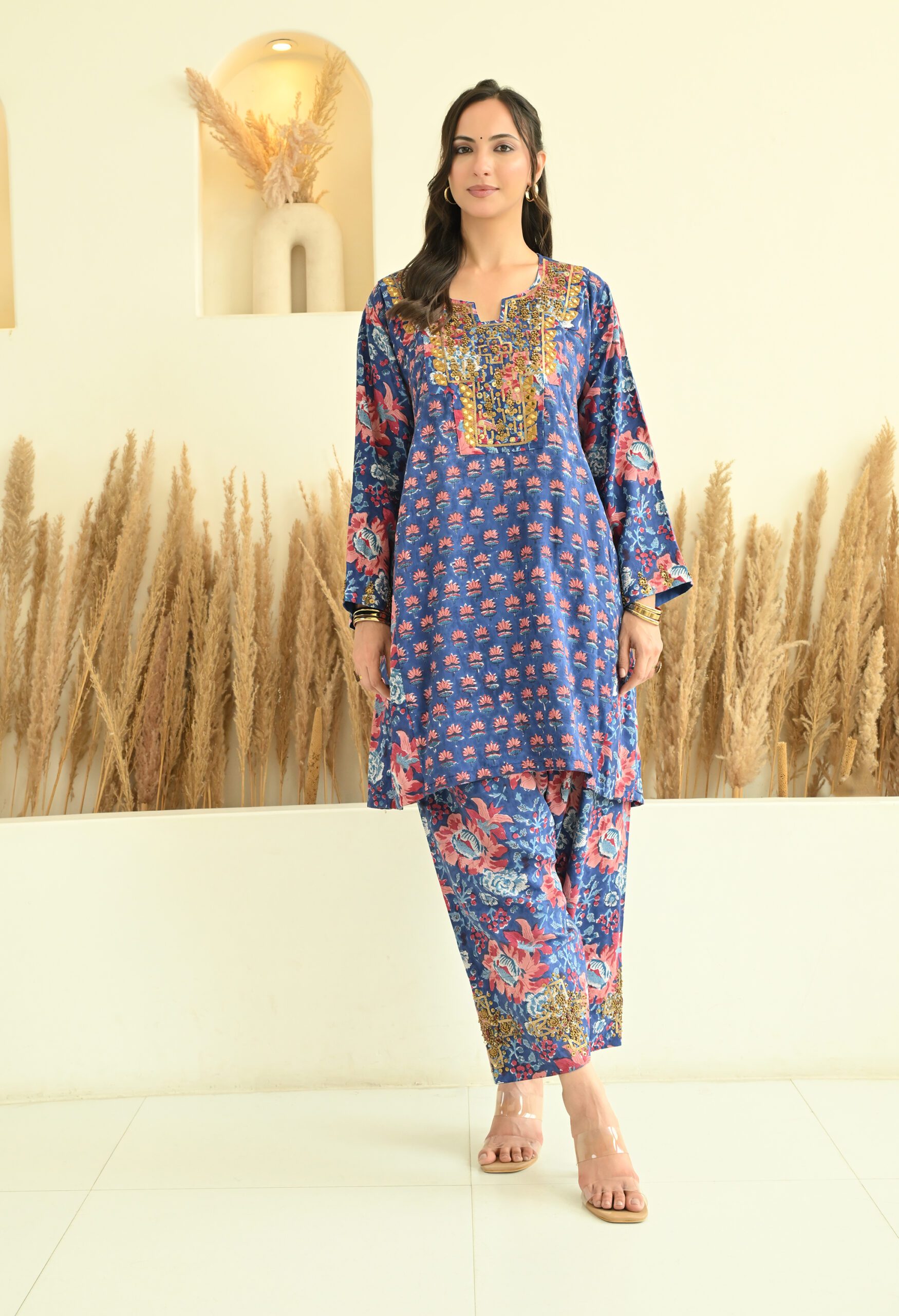 Hand Embroidered Blue Choga Set in Block Printed Chanderi