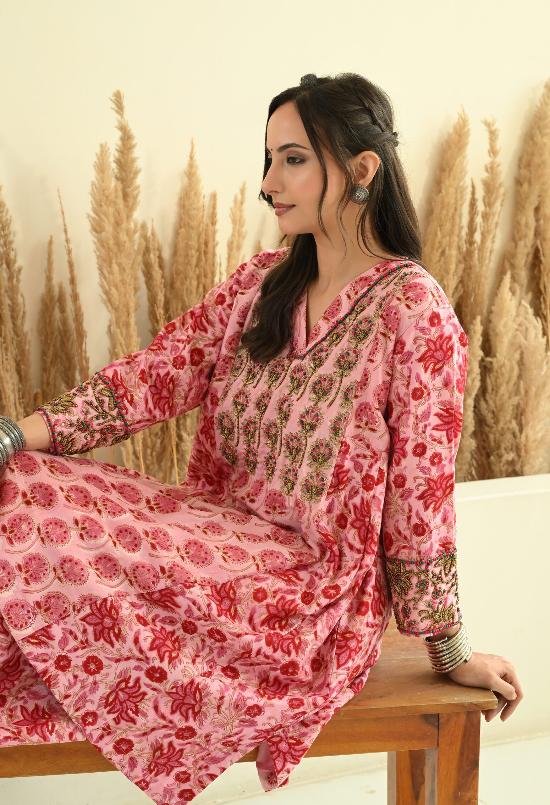 Hand Embroidered Pink Choga Set in Block Printed Chanderi