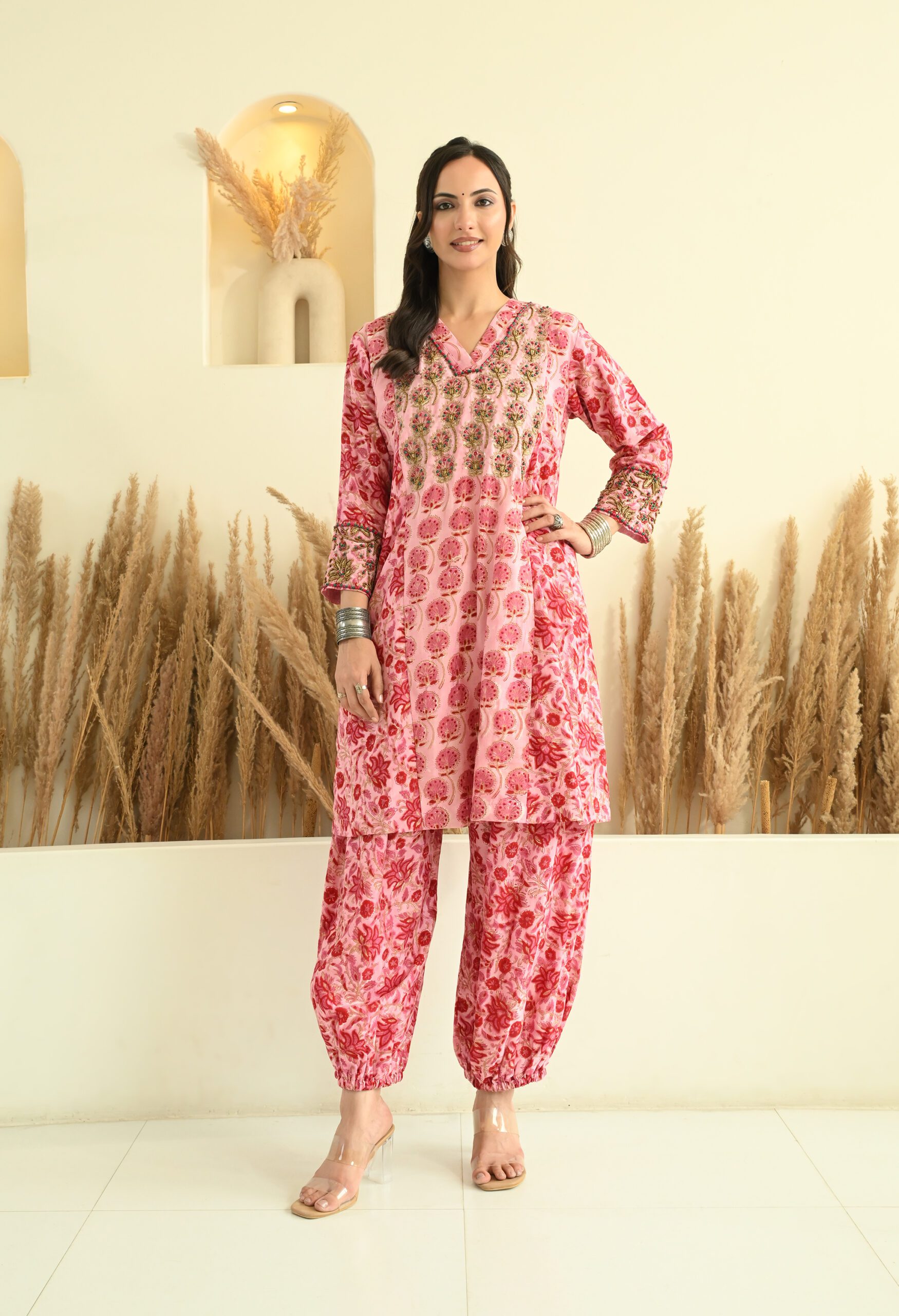 Hand Embroidered Pink Choga Set in Block Printed Chanderi - Image 3