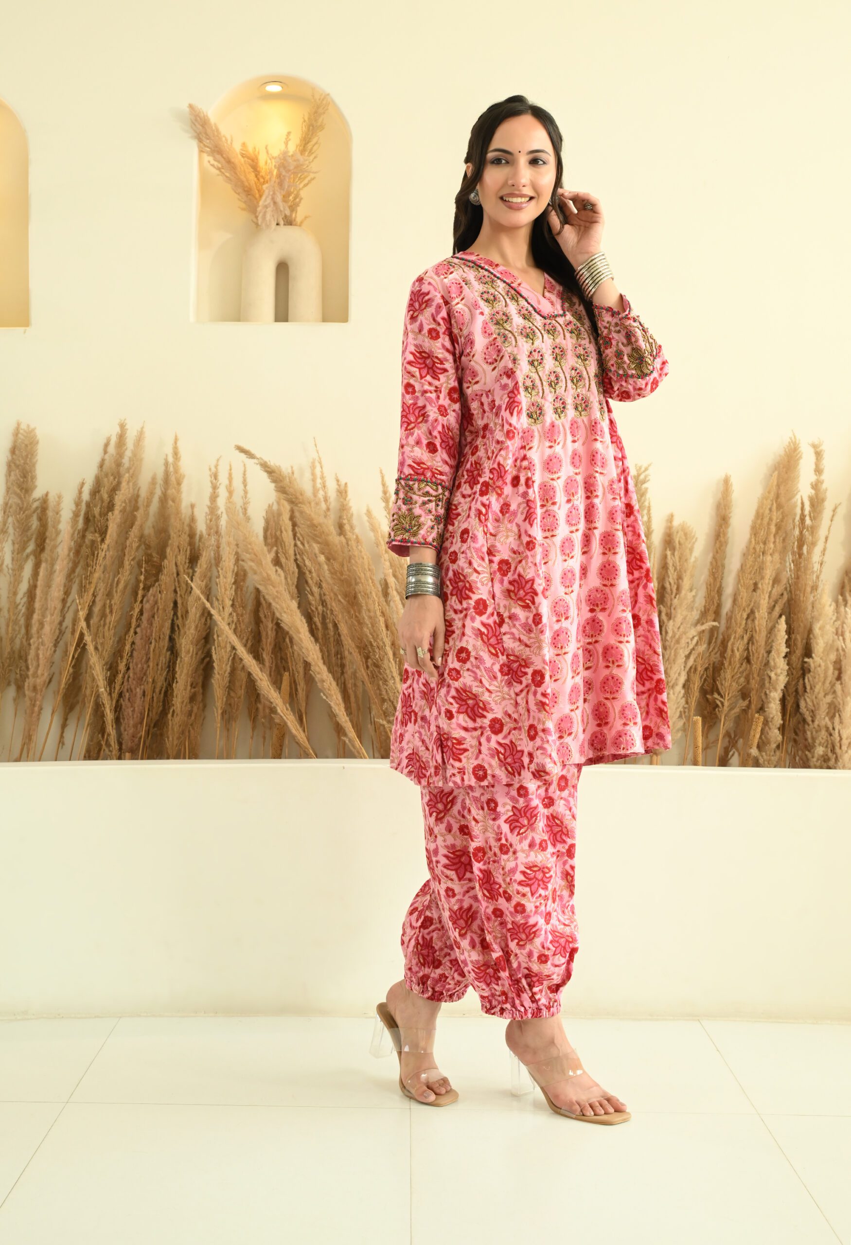Hand Embroidered Pink Choga Set in Block Printed Chanderi - Image 4