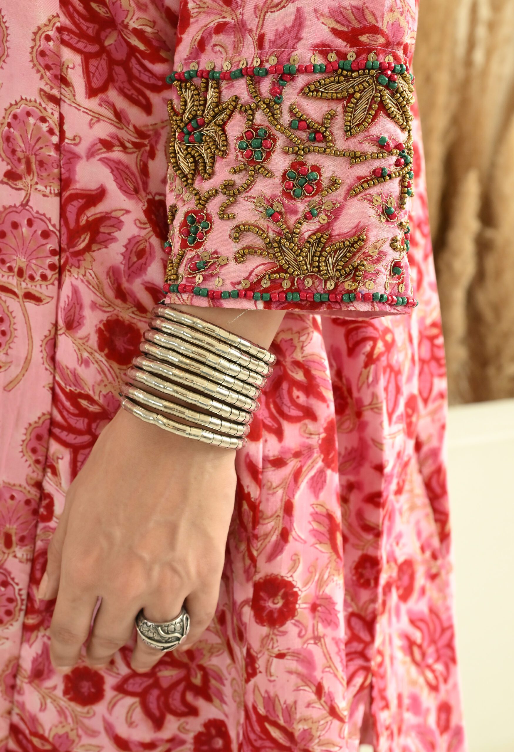 Hand Embroidered Pink Choga Set in Block Printed Chanderi - Image 5