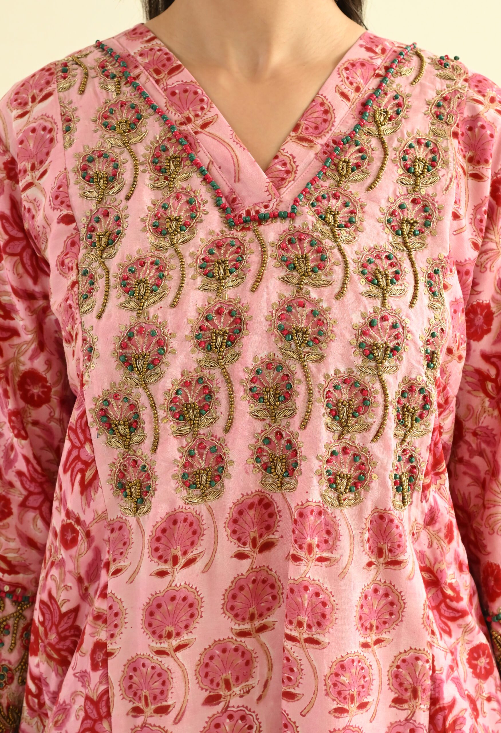 Hand Embroidered Pink Choga Set in Block Printed Chanderi - Image 6