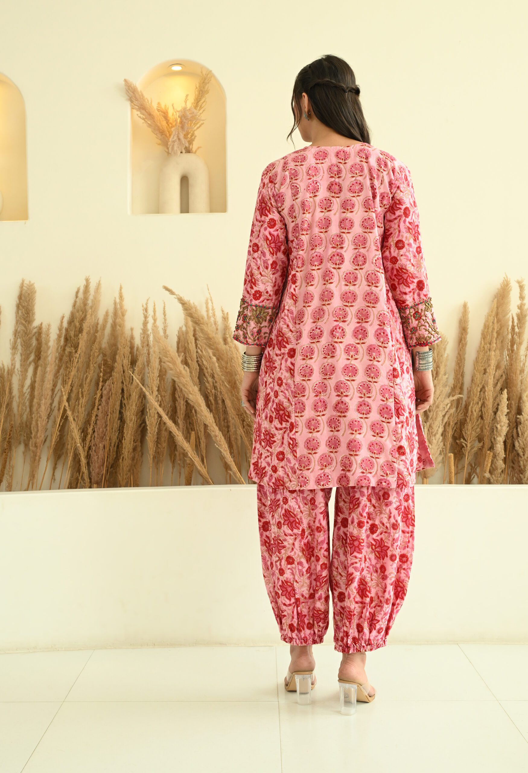 Hand Embroidered Pink Choga Set in Block Printed Chanderi - Image 2