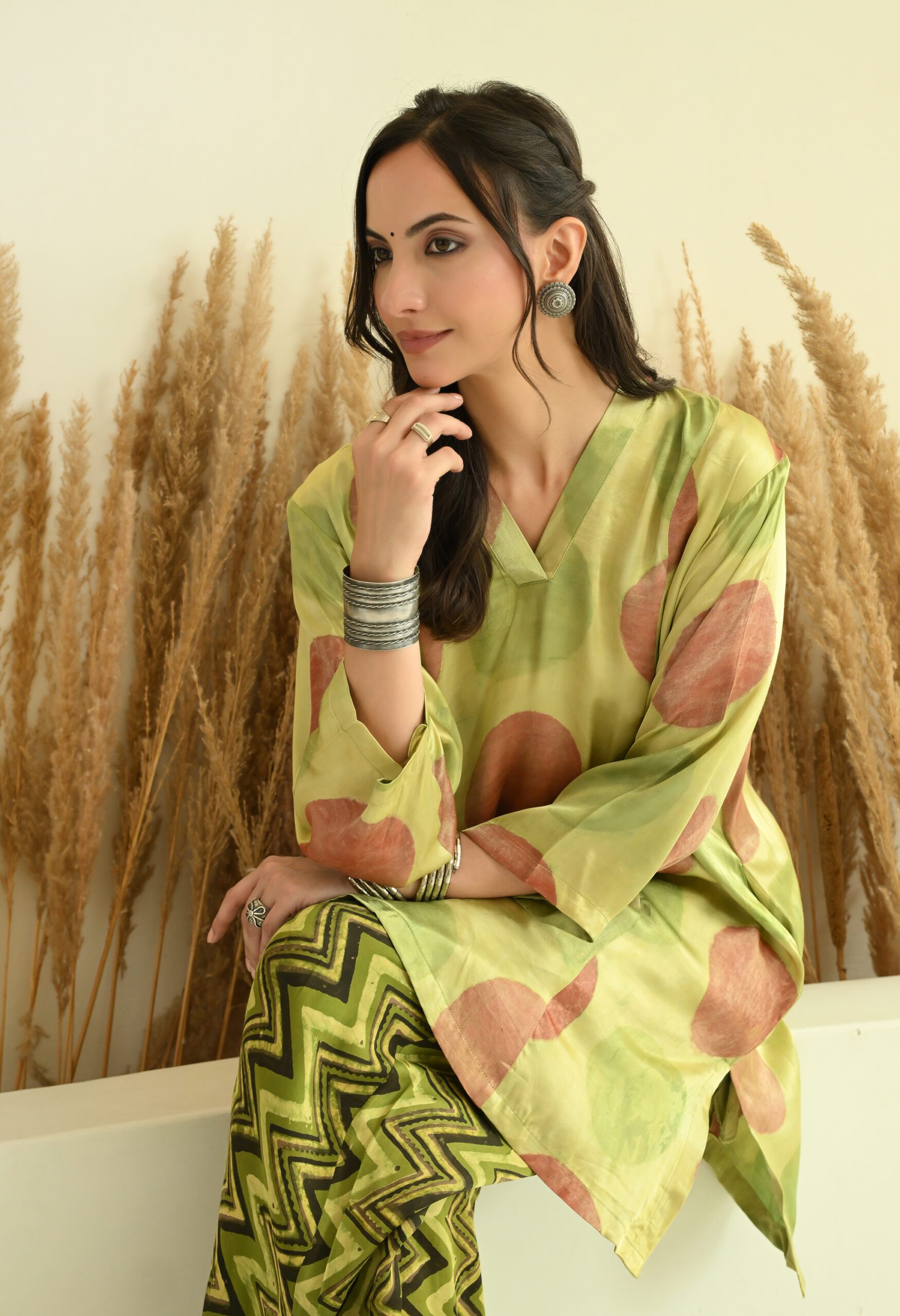 Anti Fit Green Hand Block Printed Ajrakh Short Kurta Co-ord Set