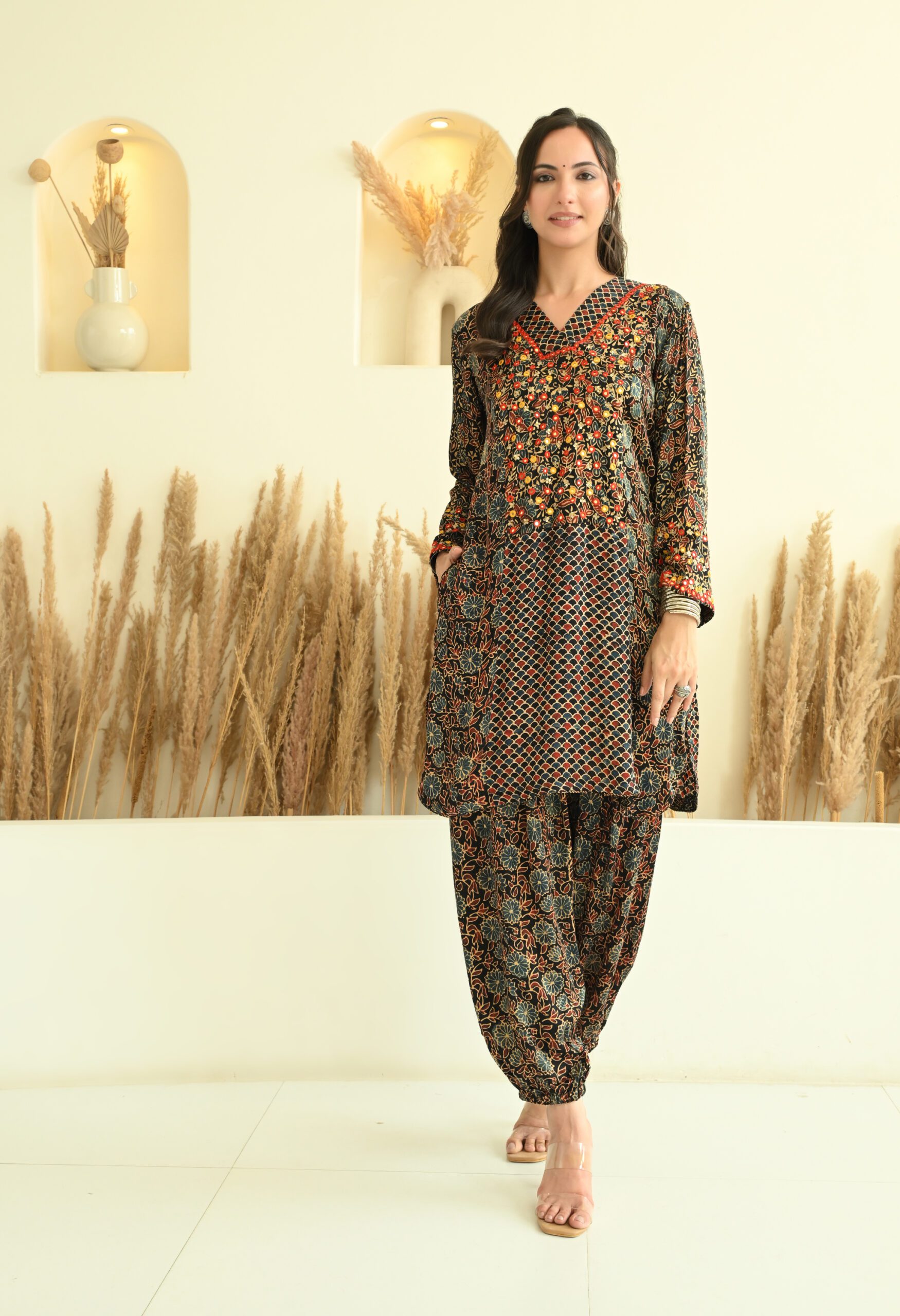 Hand Embroidered Black Modal Ajrakh Short Kurta Co-ord set