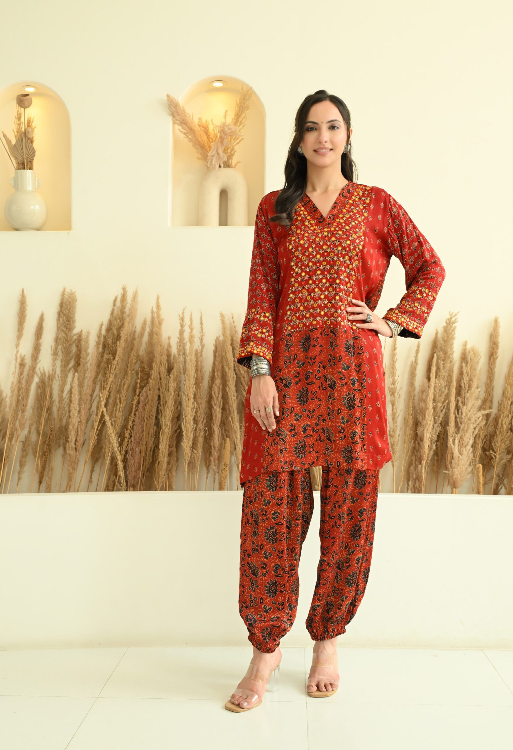 Hand Embroidered Maroon Modal Ajrakh Short Kurta Co-ord set