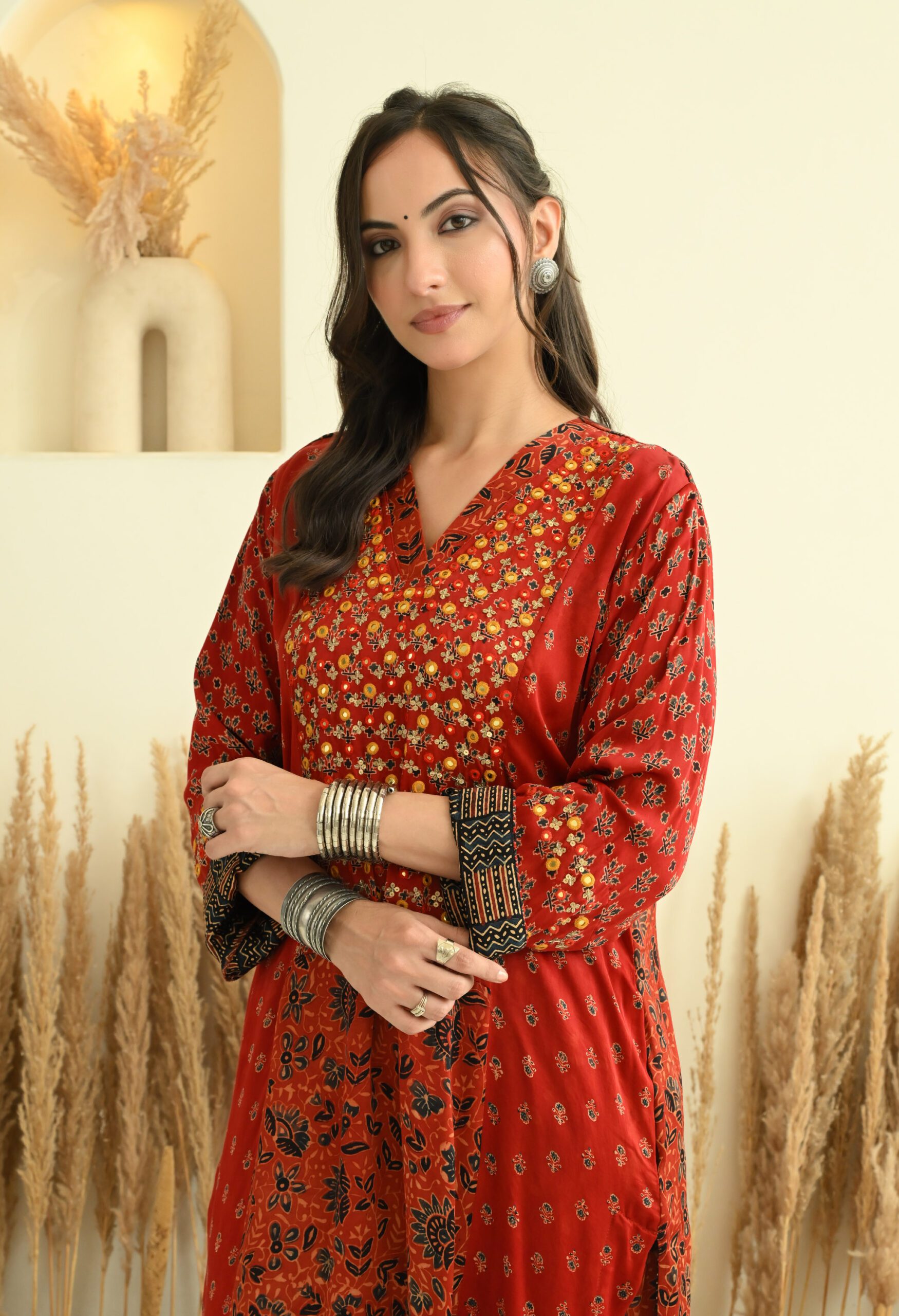 Hand Embroidered Maroon Modal Ajrakh Short Kurta Co-ord set - Image 3