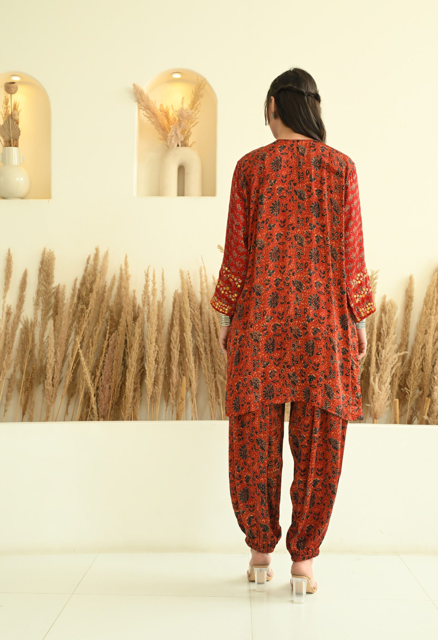Hand Embroidered Maroon Modal Ajrakh Short Kurta Co-ord set - Image 4