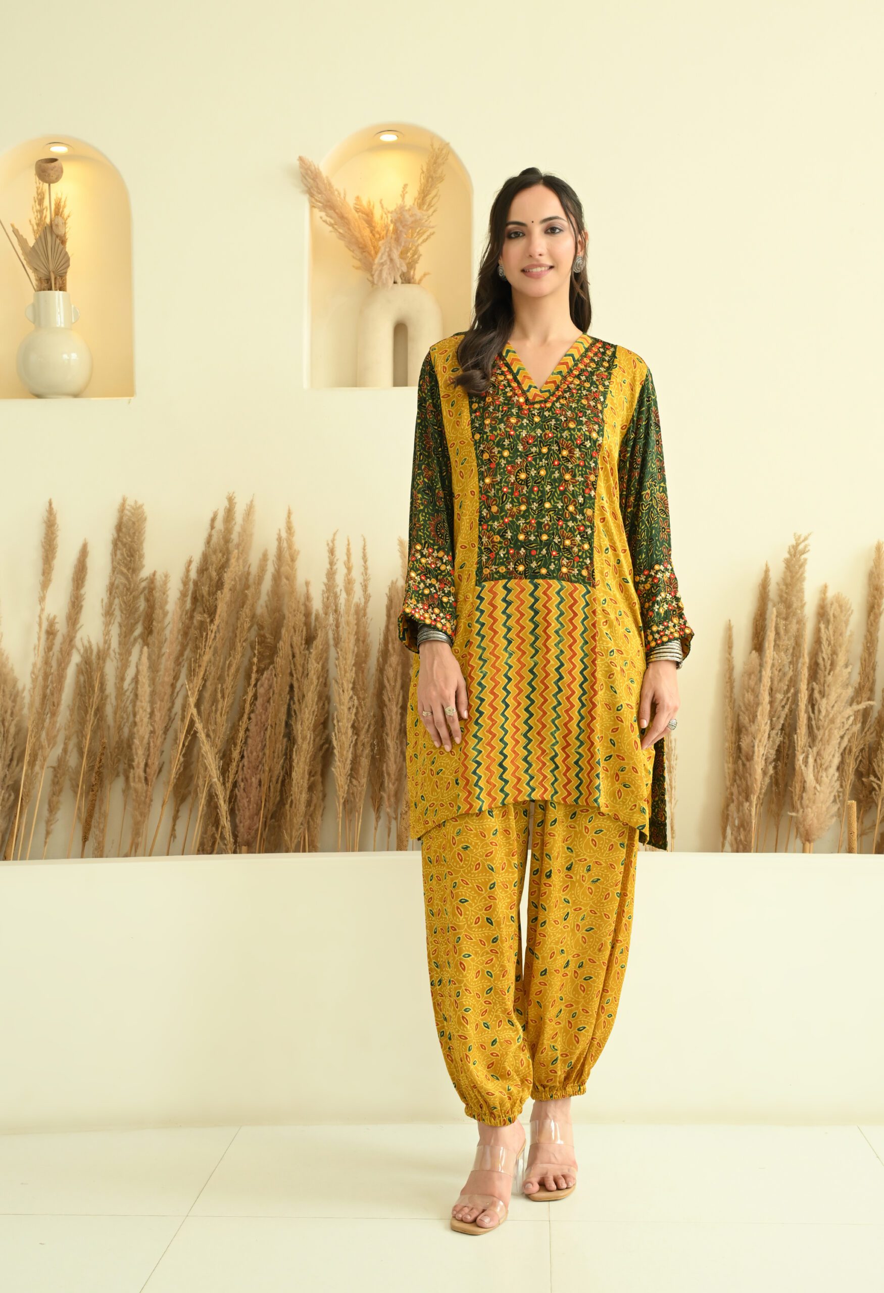 Hand Embroidered Yellow and Green Modal Ajrakh Short Kurta Co-ord set
