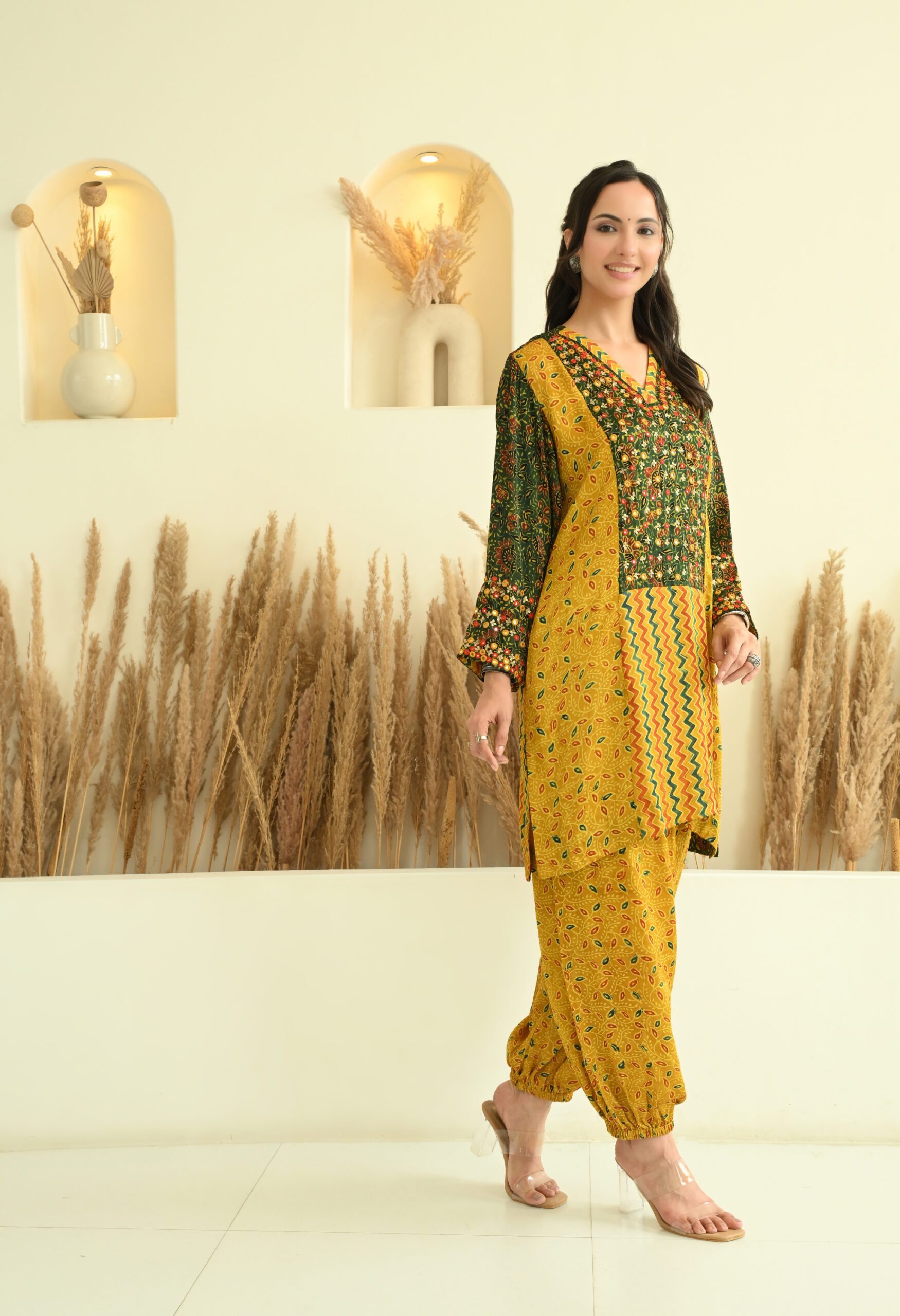 Hand Embroidered Yellow and Green Modal Ajrakh Short Kurta Co-ord set - Image 3