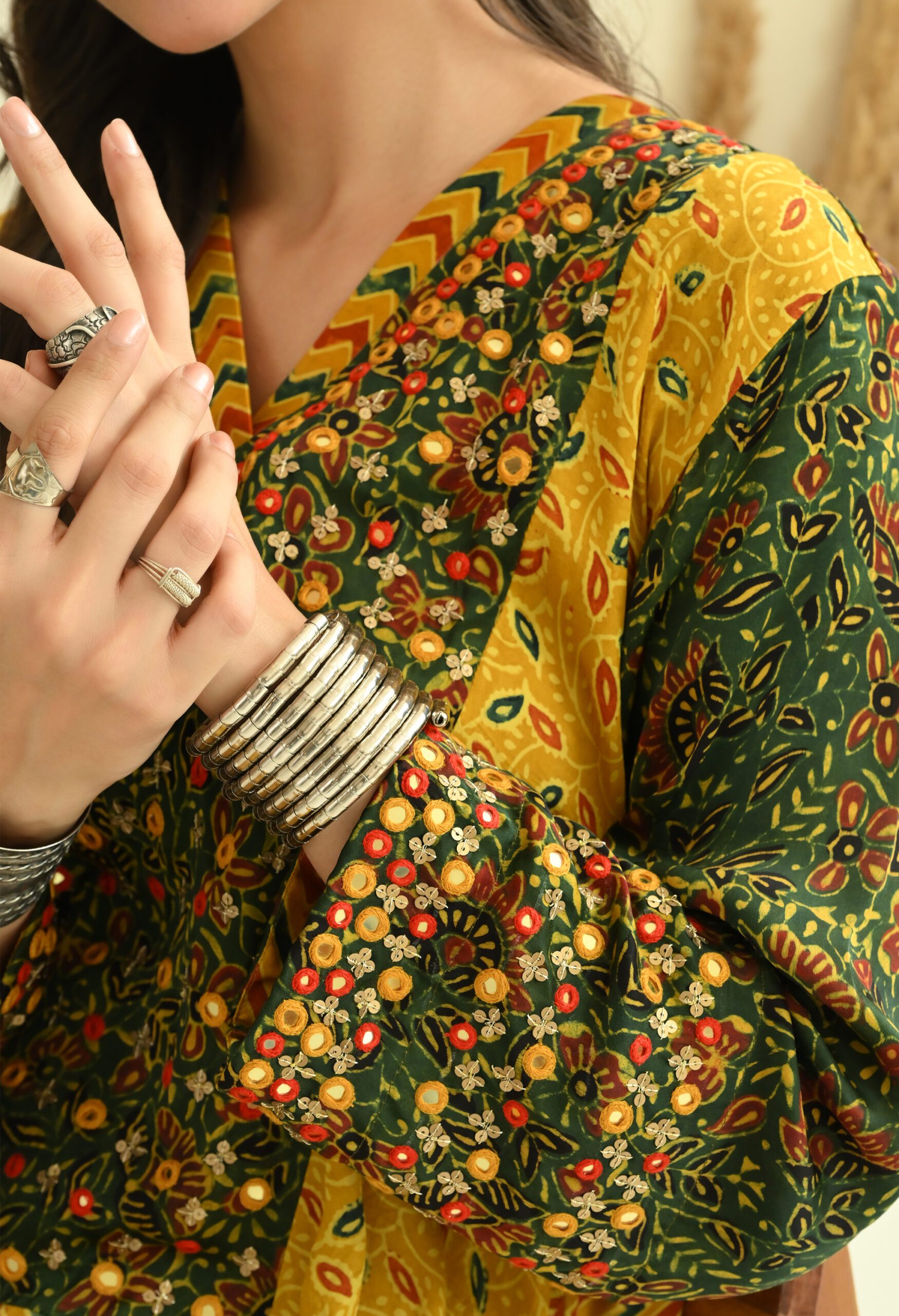 Hand Embroidered Yellow and Green Modal Ajrakh Short Kurta Co-ord set - Image 4