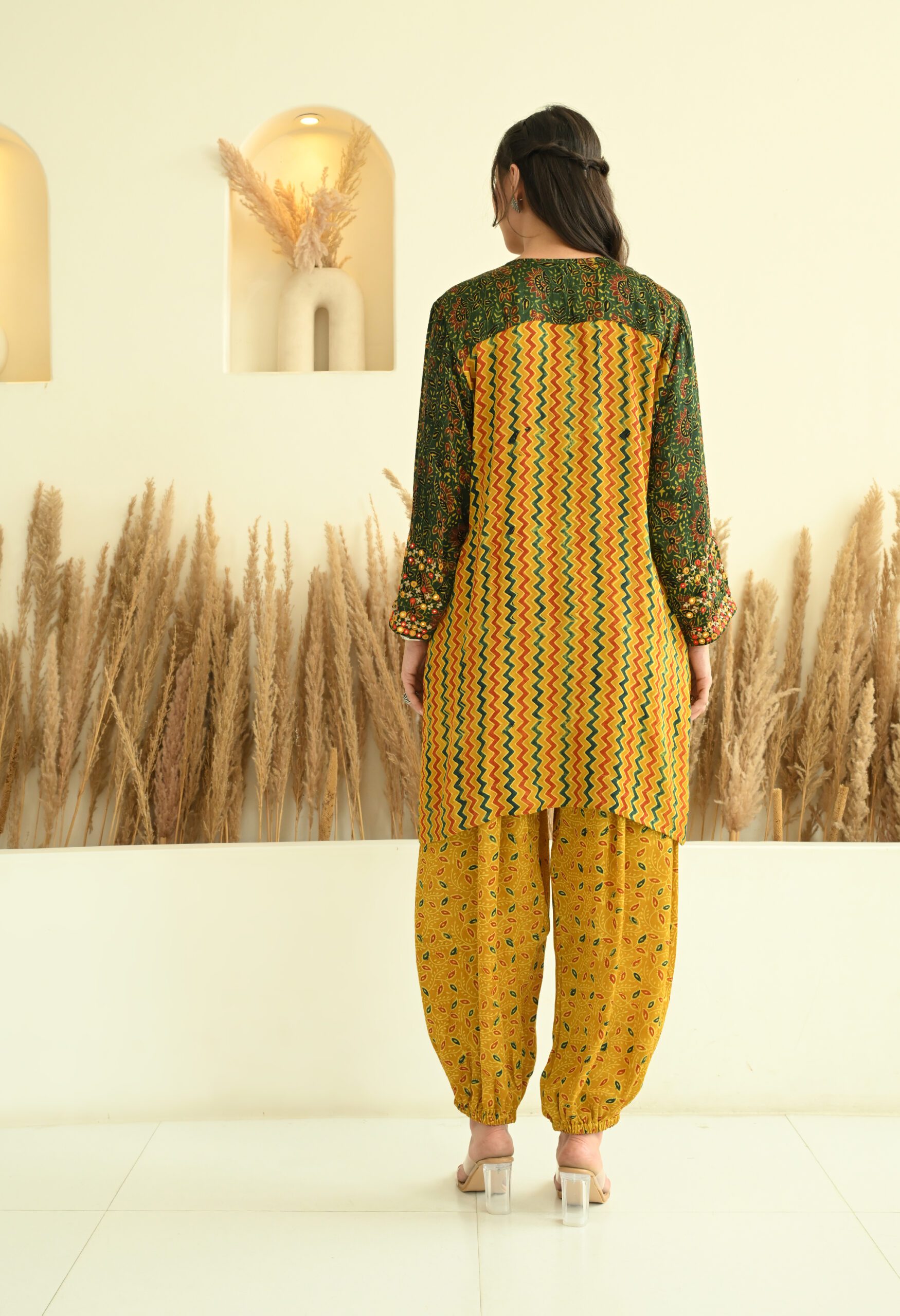 Hand Embroidered Yellow and Green Modal Ajrakh Short Kurta Co-ord set - Image 2